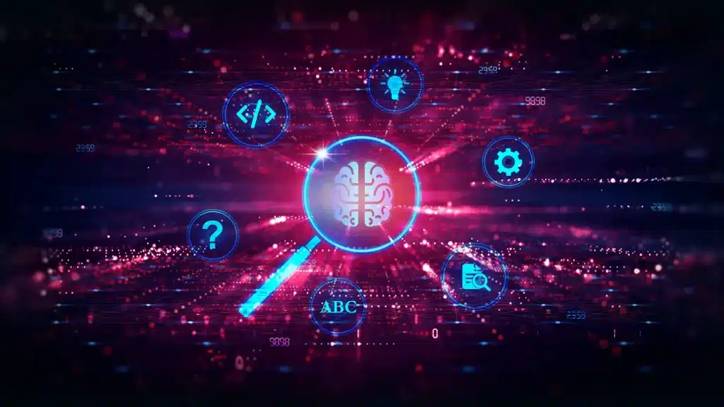 Abstract digital illustration with illuminated icons and a magnifying glass highlighting a brain, symbolizing generative engine optimization (GEO).