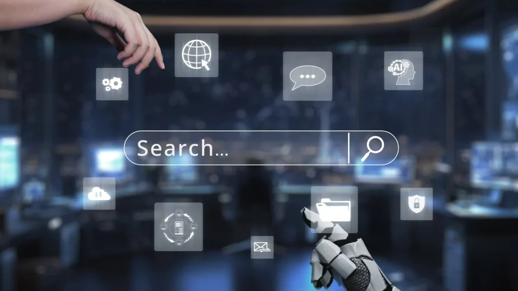 Futuristic interface depicting a robotic and human hand interacting with digital search icons, illustrating generative engine optimization (GEO).