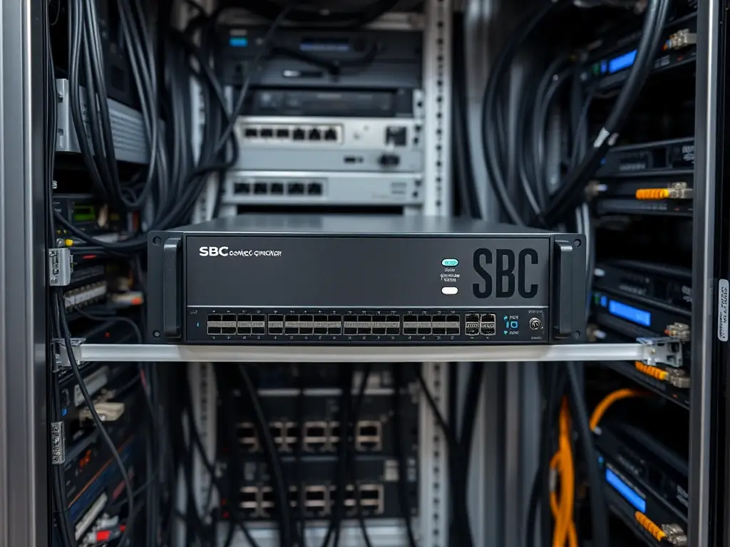 A Session Border Controller (SBC) device in a telecommunications rack, highlighting its role in securing and managing VoIP communications.