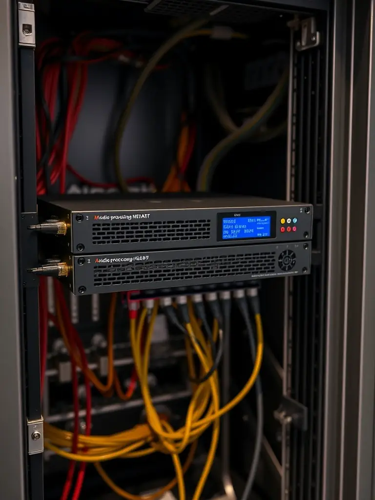 A professional image of Audiocodes Mediant series, showcasing its capabilities in media processing and VoIP connectivity, set in a telecommunications rack.