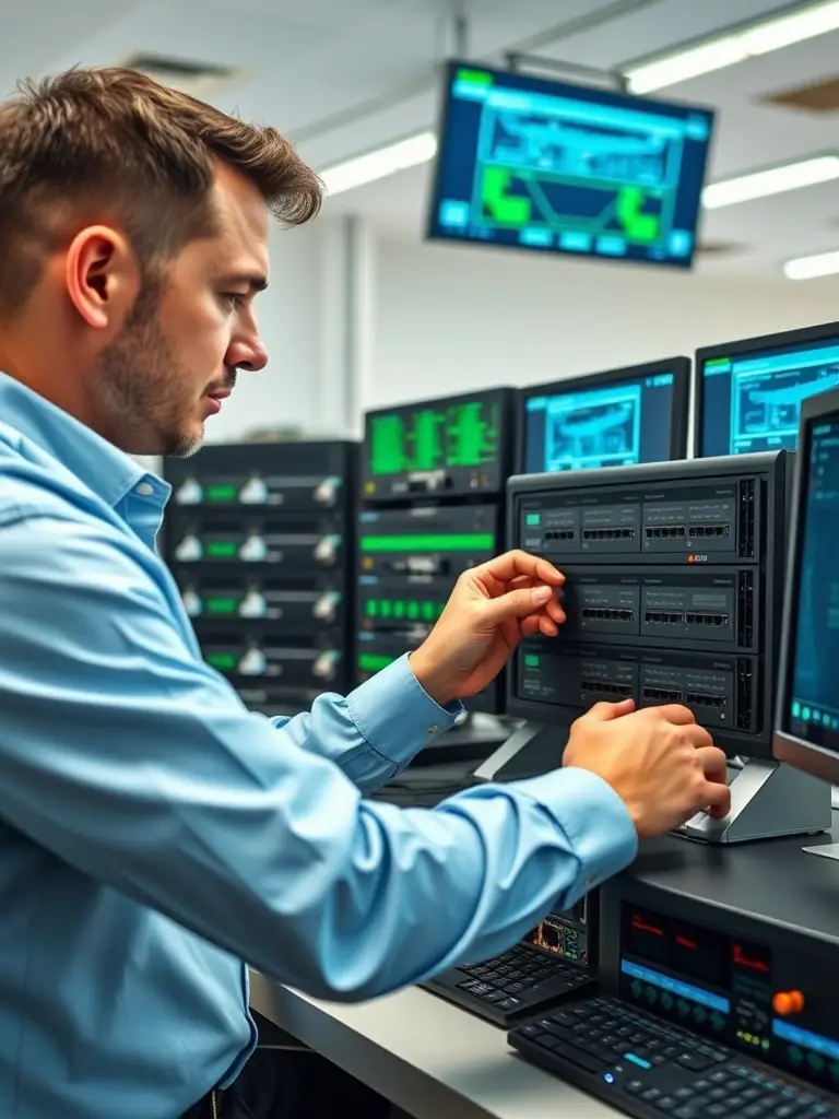 A technician configuring a Session Border Controller (SBC) in a telecommunications environment, representing SBC solutions for different environments. The image should convey expertise and security.