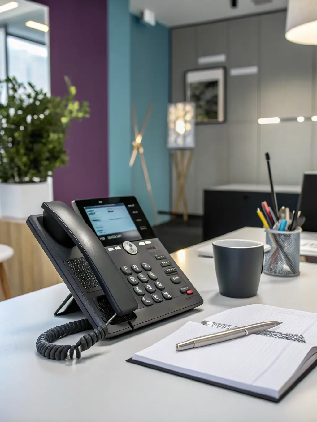 A high-quality image of a Sangoma VoIP phone, showcasing its sleek design and user-friendly interface, set in a modern office environment.