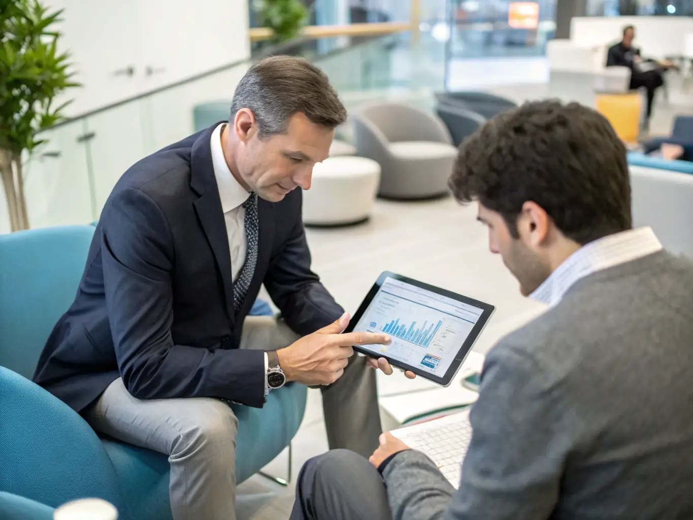 A consultant working with a client in a modern office setting, discussing VoIP integration strategies and solutions on a digital tablet.