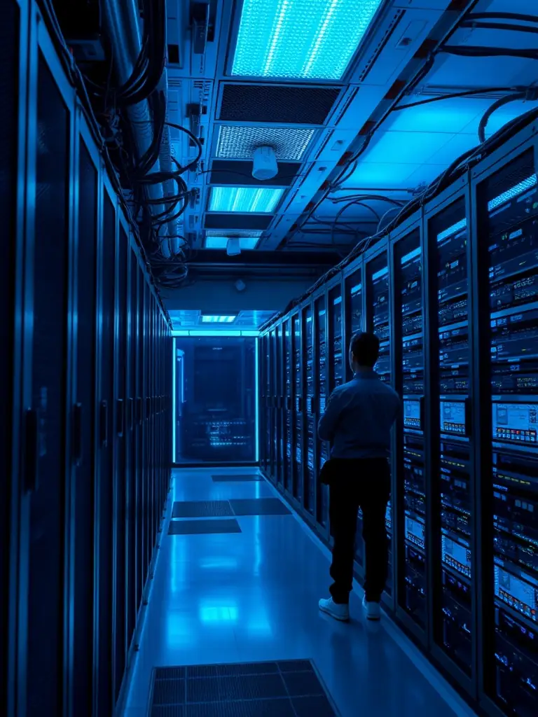 A server room filled with telecommunications equipment, representing on-premise VoIP solutions. The image should convey reliability and control.