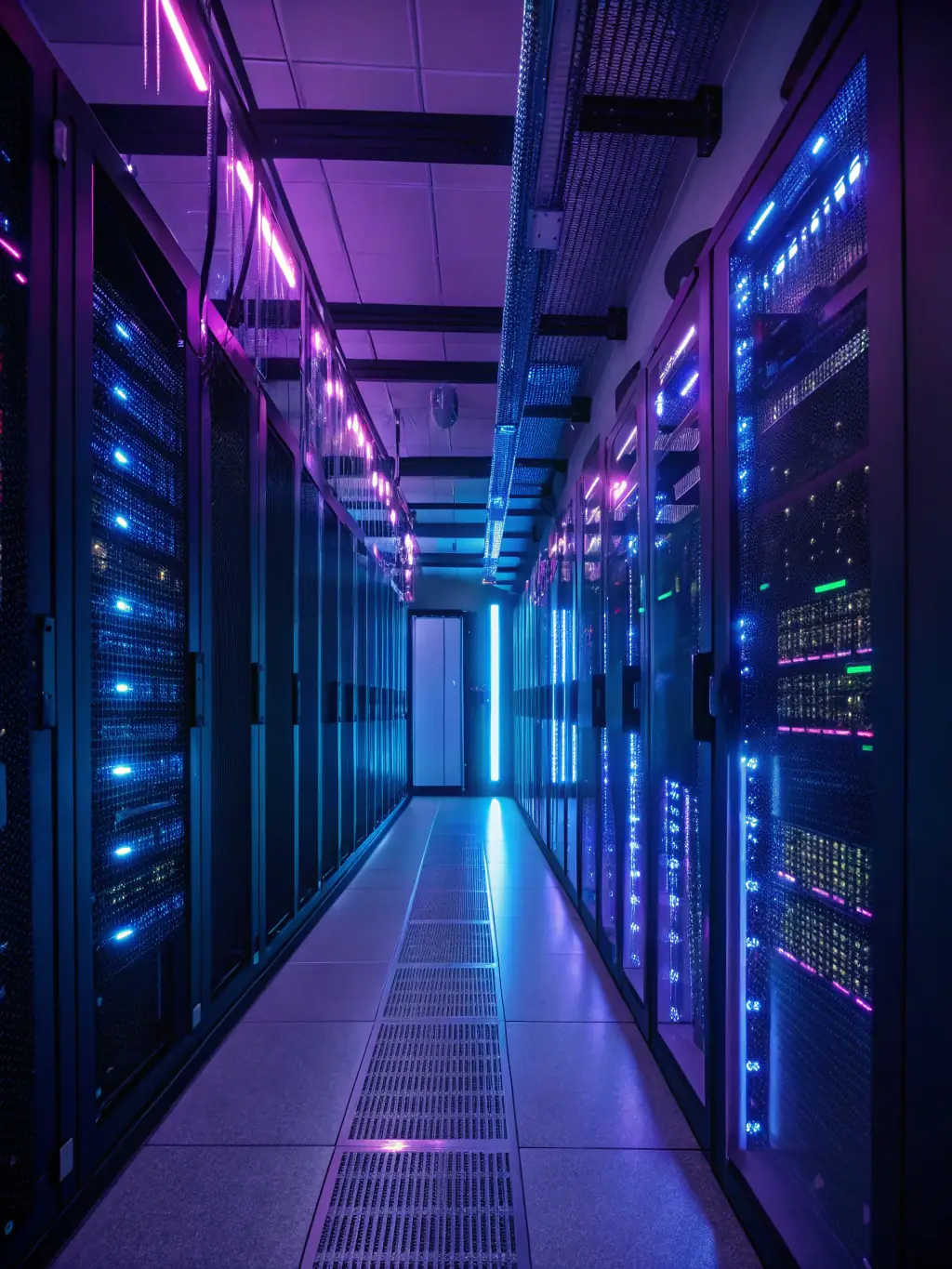 A modern data center with rows of servers, illustrating data center hosted VoIP solutions. The image should emphasize security and scalability.