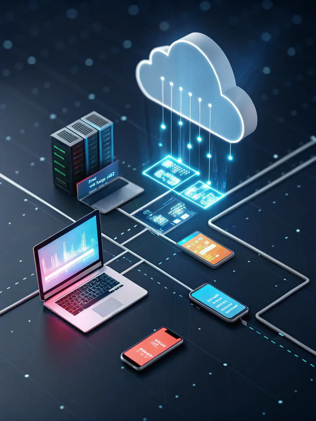 A visual representation of cloud computing, showing interconnected devices and data flow, representing cloud-based VoIP solutions. The image should highlight flexibility and accessibility.