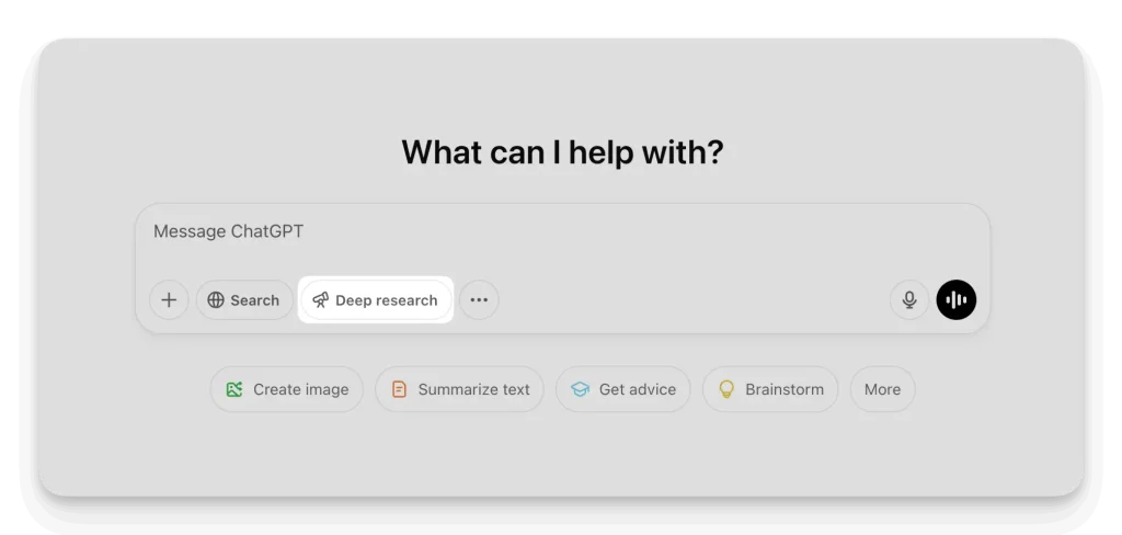 ChatGPT message window with the deep research option highlighted on a gray background.