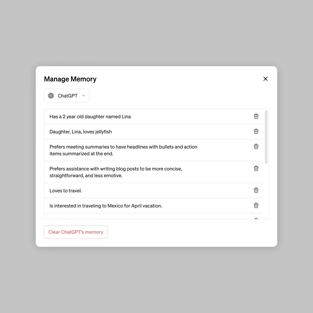 ChatGPT manage memory screen showing personalized memory upgrade details and options to delete individual memories