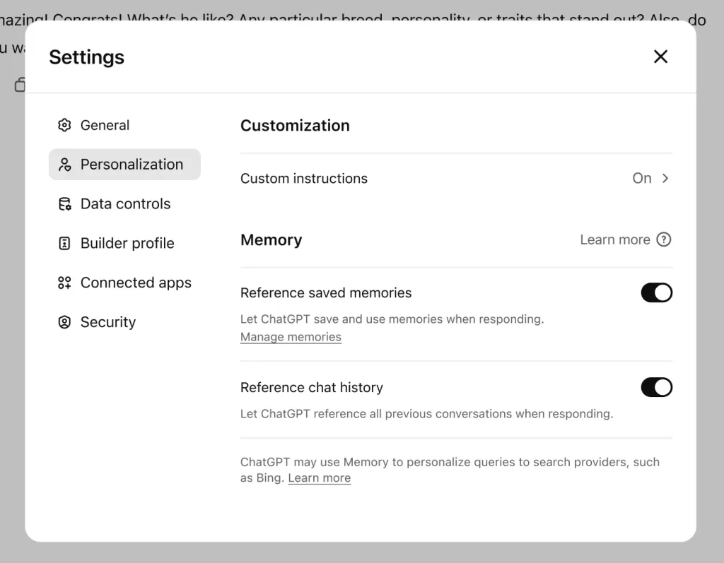 ChatGPT settings page showing memory upgrade options for personalization and saved memories