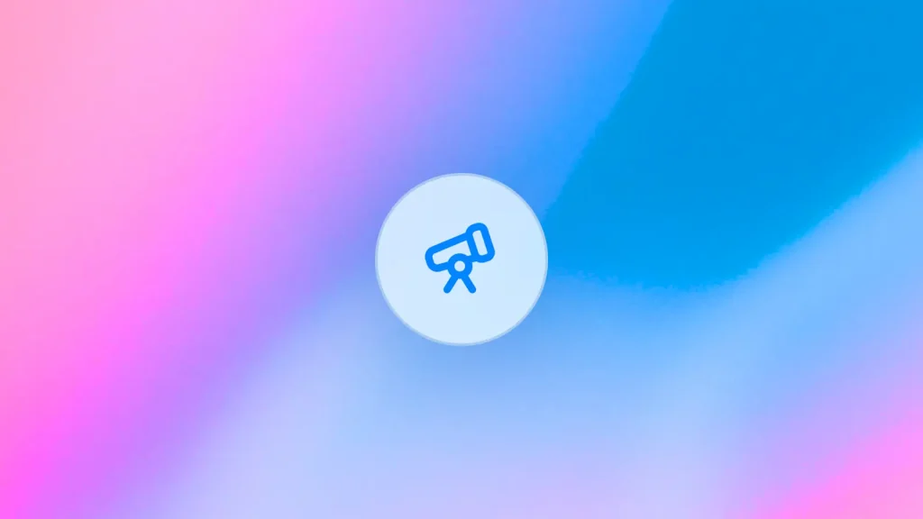 Deep research icon centered on a vibrant pink and blue gradient background.