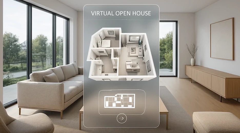 A virtual open house with a room with a couch and a window