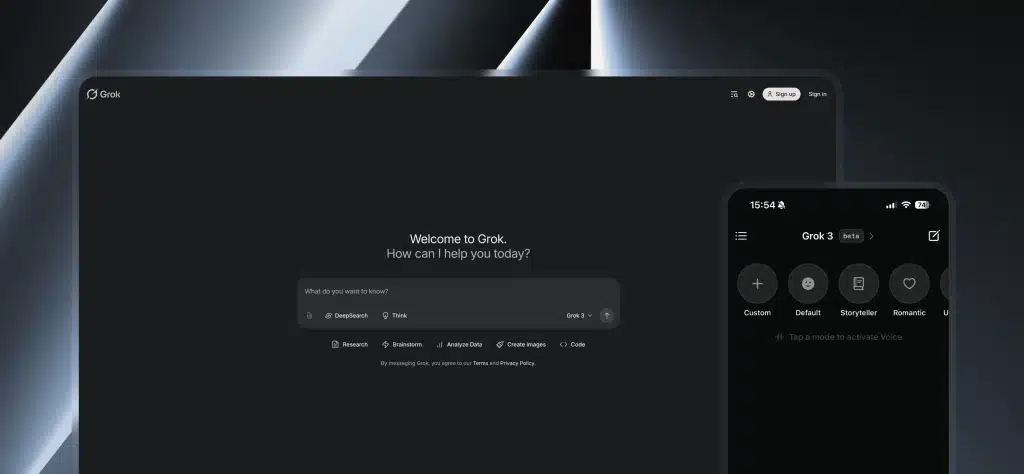 xAI Grok chatbot interface shown on desktop and mobile
