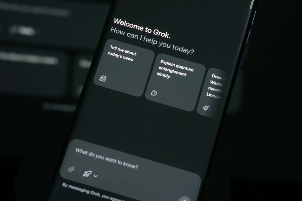 xAI Grok app welcome screen on smartphone with suggested prompts