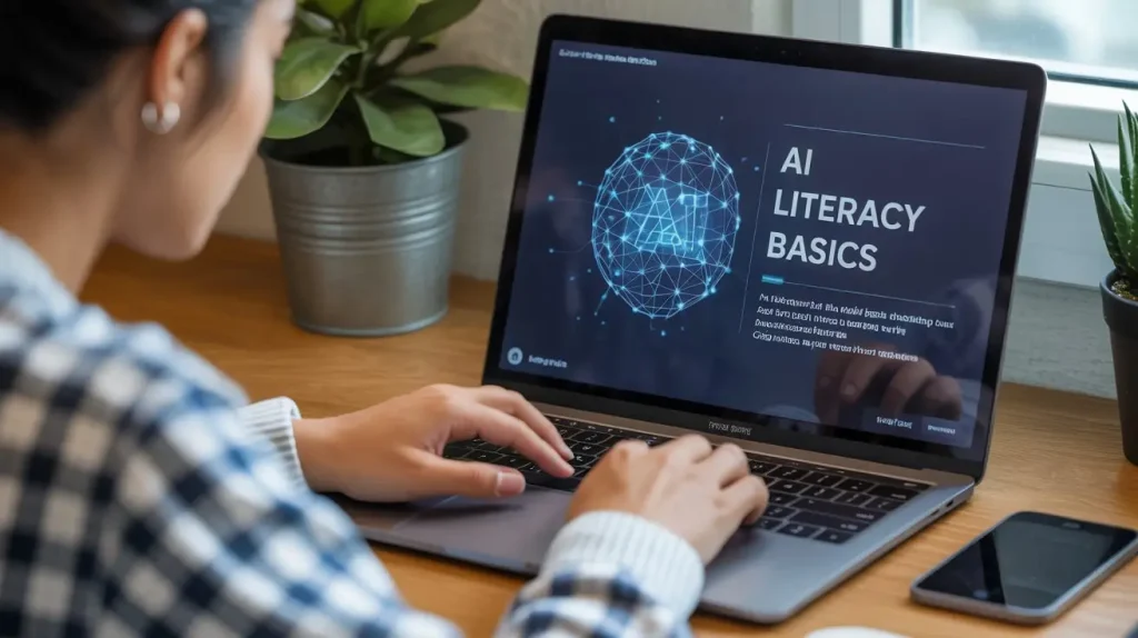 Person learning AI literacy basics on a laptop through an online course