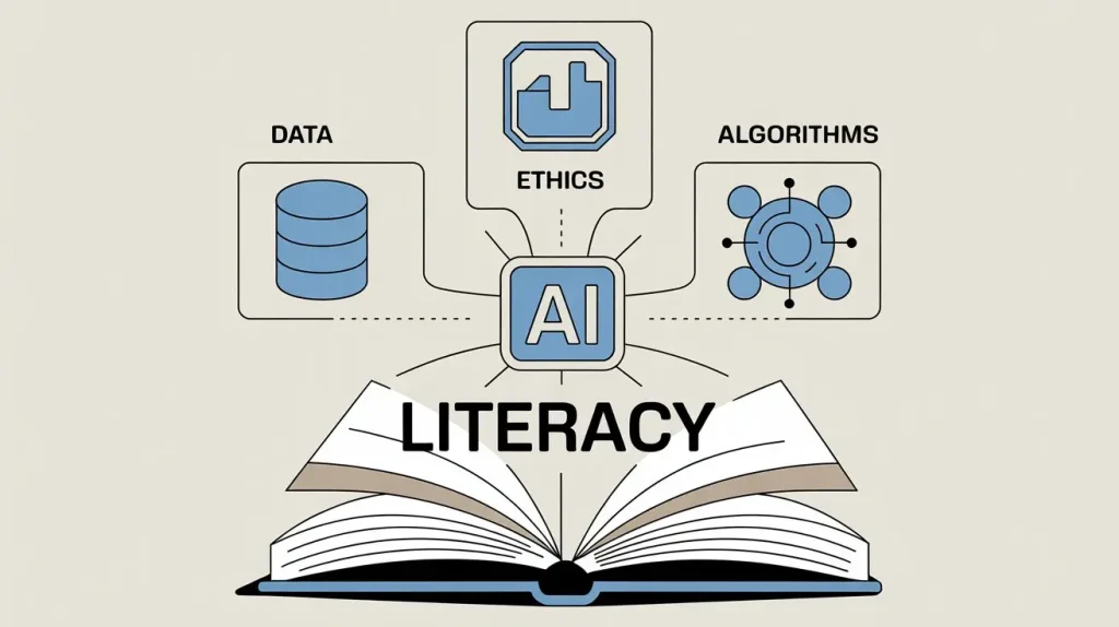 Illustration explaining AI literacy with data, ethics, and algorithms