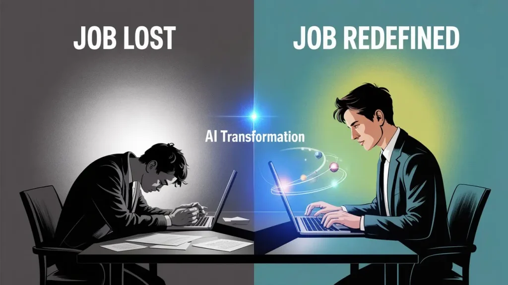 AI literacy visual showing job loss versus job redefinition due to automation