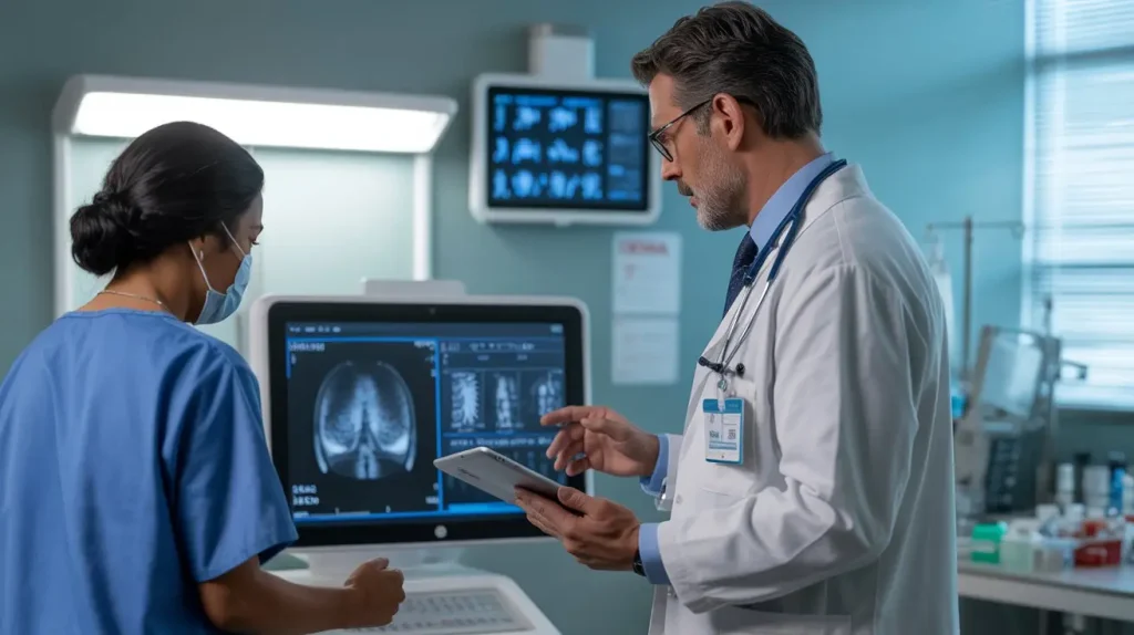 Doctors using AI-powered imaging tools to support AI literacy in healthcare