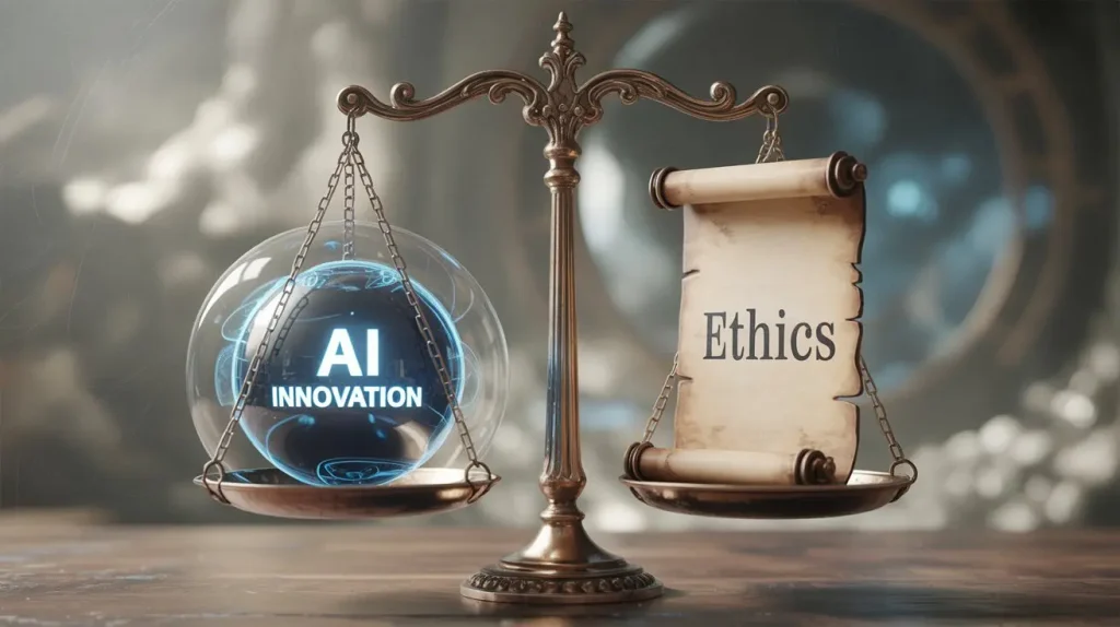 Balanced scale showing AI innovation and ethics to represent AI literacy