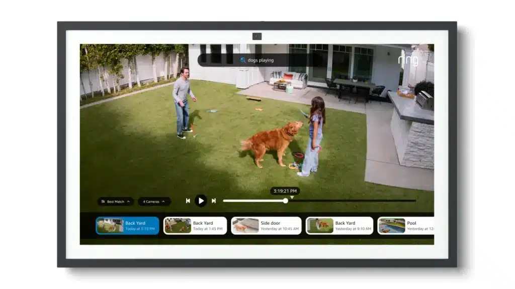 Alexa+ smart display showing Ring security camera footage of a backyard with people and a dog playing