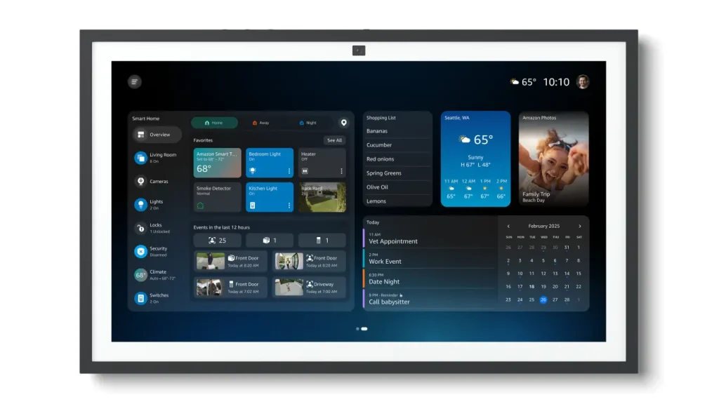 Alexa+ smart display showing smart home dashboard with weather, calendar, and camera feeds