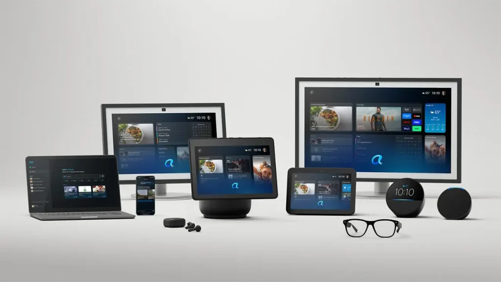 Alexa+ interface shown across multiple smart devices including Echo Show, smart glasses, laptop, smartphone, and TV screens