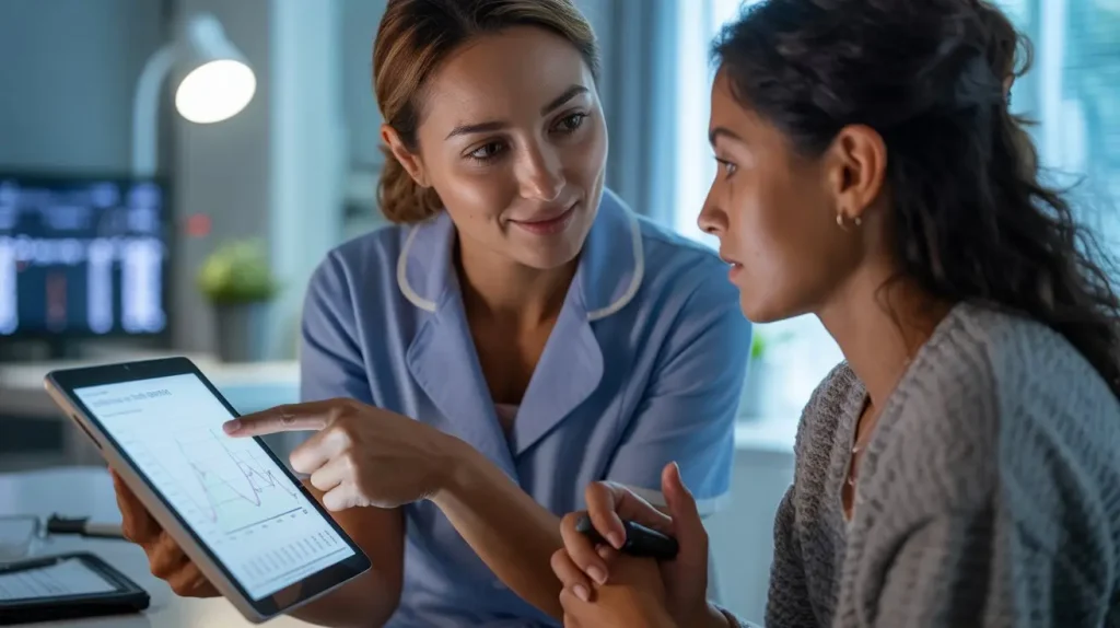 Nurse uses HealthBench tablet to explain health data to patient