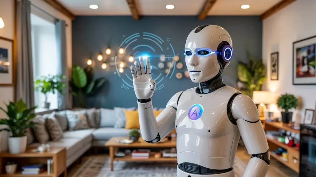 Robot interacting with a digital interface using Multimodal AI technology in a modern living room.