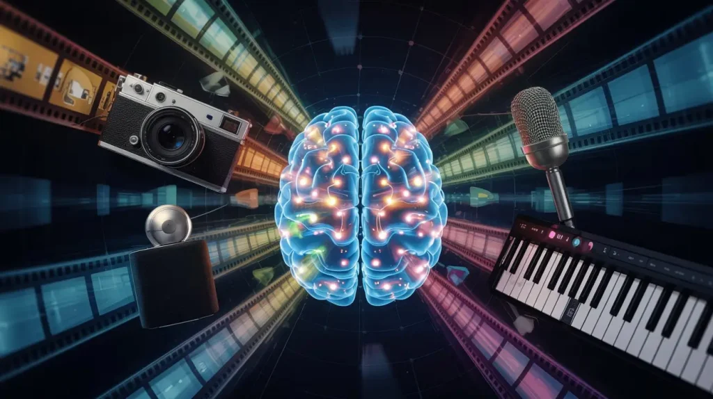 Illustration of Multimodal AI combining camera, microphone, speaker, and keyboard data around a glowing digital brain.