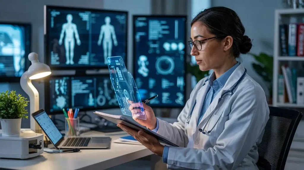 Doctor analyzing patient data on a digital tablet using Multimodal AI for advanced healthcare insights.