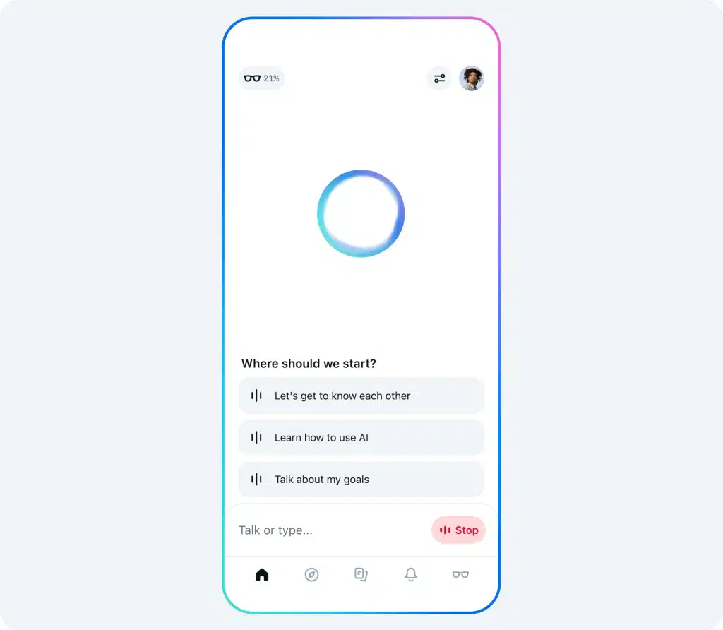 Mobile interface of the Meta AI App showing interactive conversation and learning options