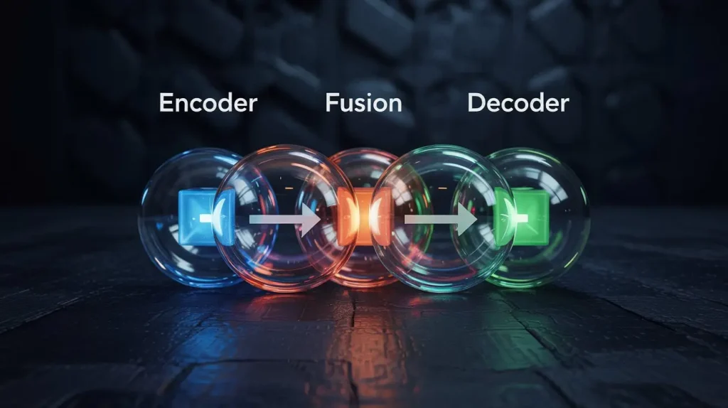 Visual representation of Multimodal AI's encoder-fusion-decoder process with colorful spheres and arrows.