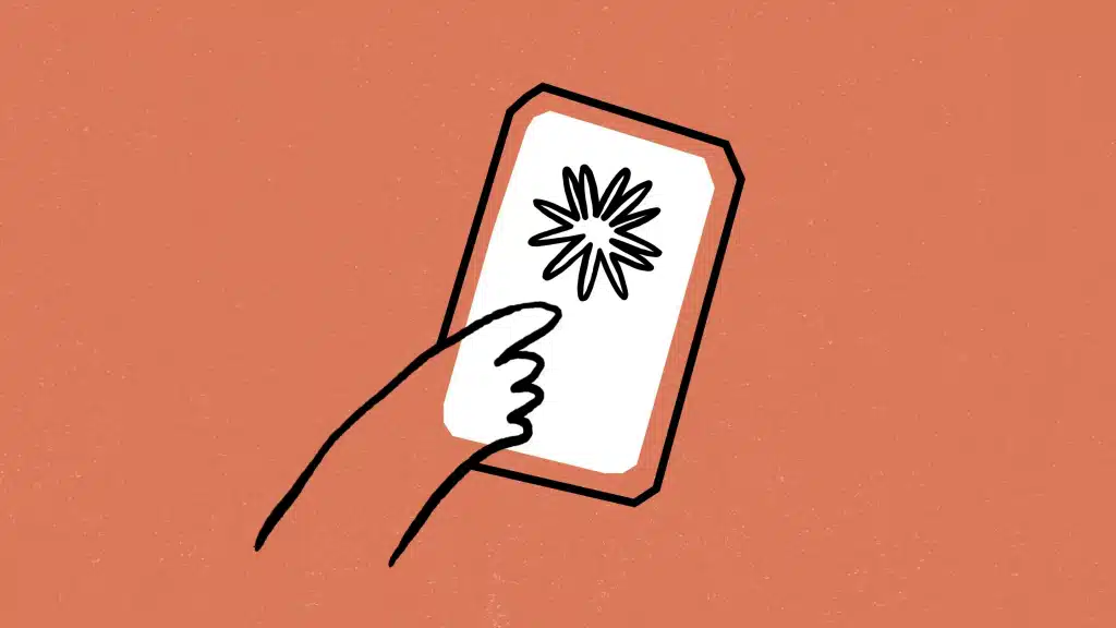 Hand touching a mobile screen with Claude’s signature burst icon, representing activation of voice mode.