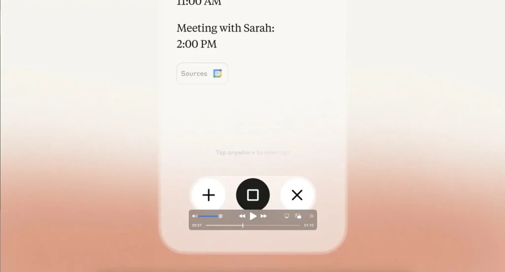 Claude’s voice mode interface showing calendar integration and audio playback controls on a mobile screen.