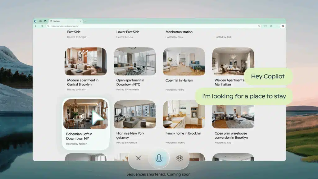 Copilot Vision helping a user find a place to stay through a voice prompt on a vacation rental website