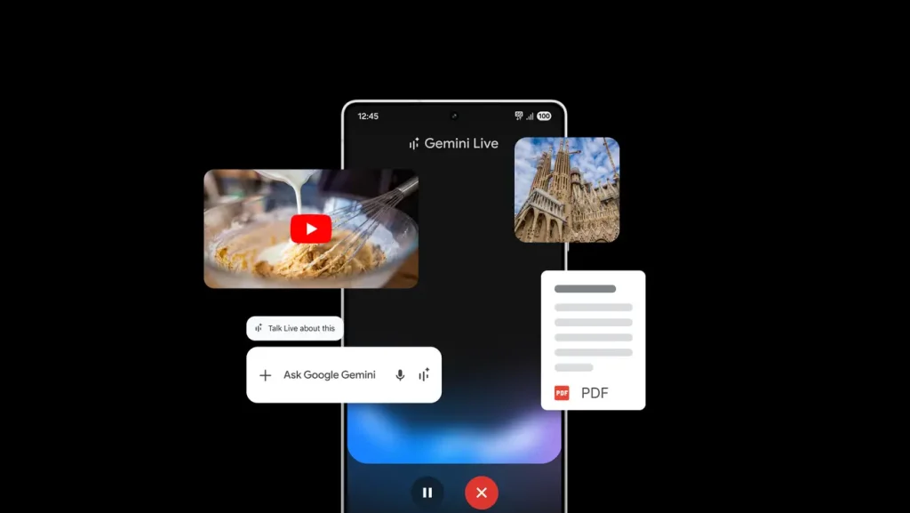 Gemini Live interface with interactive overlays showing a cooking video, architectural photo, PDF document, and voice command input.