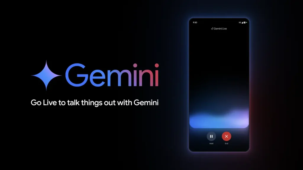 Gemini Live interface showing an active live session with “Hold” and “End” call options on a dark, glowing background.