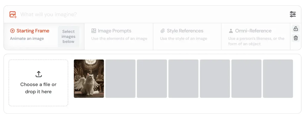 Image-to-Video upload interface with a fantasy-style cat selected as the starting frame.