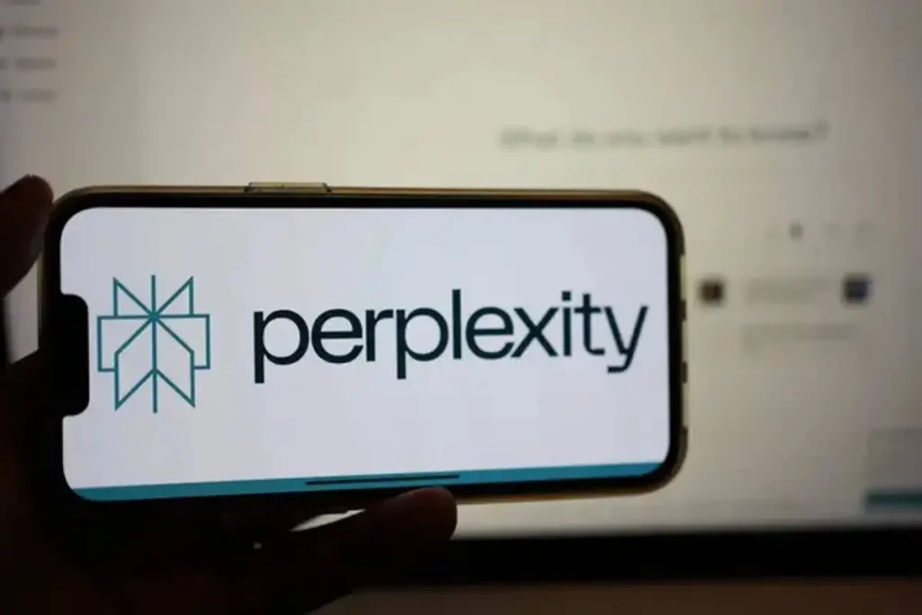 Perplexity Labs logo displayed on a smartphone screen with website interface blurred in the background.