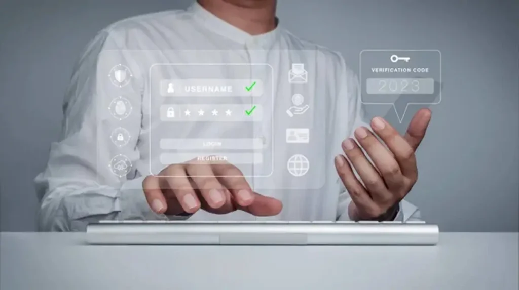 Person using futuristic login interface with keyboard and floating verification code, showing “Sign in with ChatGPT” process.
