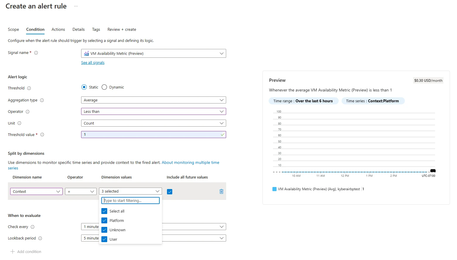 U I for creating an alert rule, choosing dimension values.