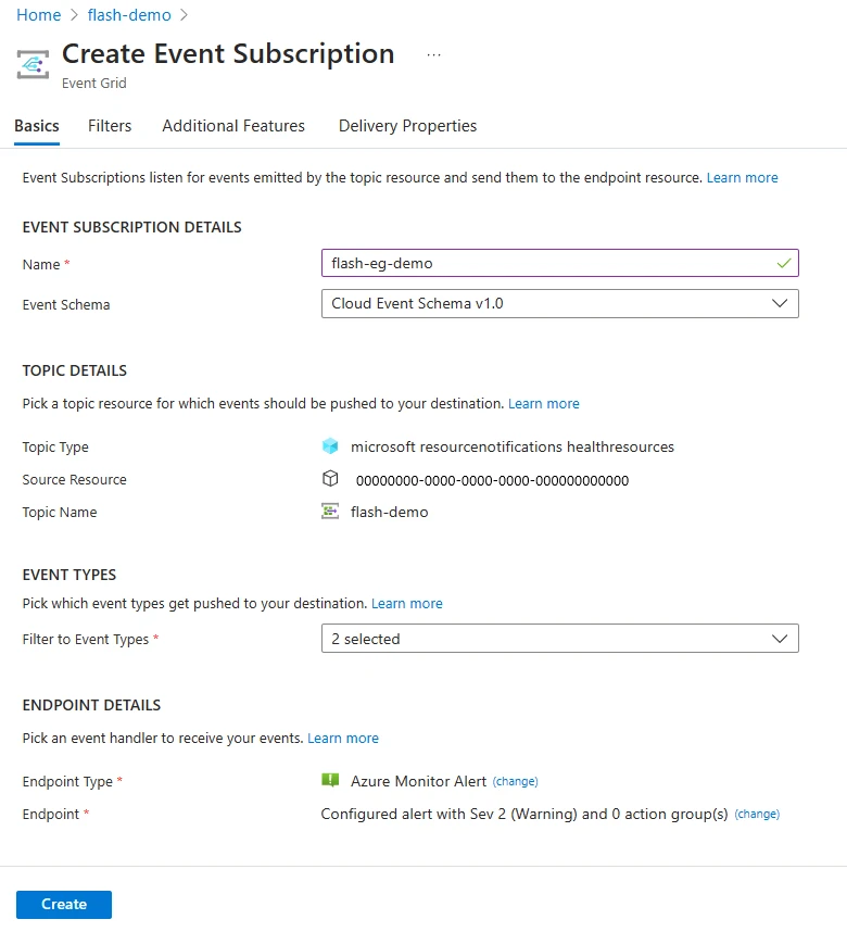 U I of creating an event subscription.