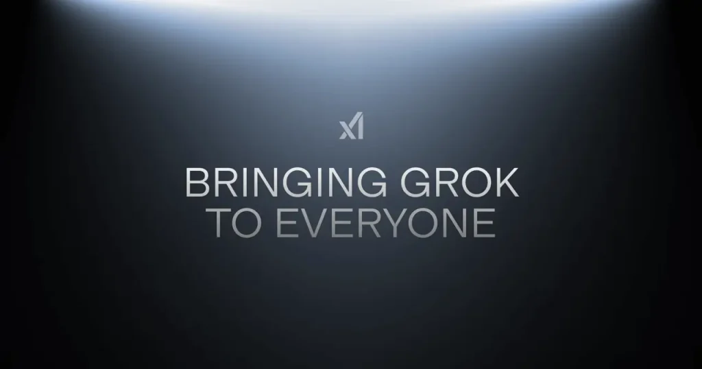 Dark gradient background with the text “Bringing Grok 4 to Everyone” centered below a minimalist logo.
