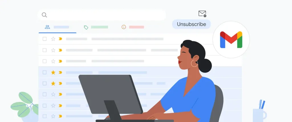 Illustration of a woman using a laptop with a Gmail inbox interface in the background, featuring an unsubscribe button and the Google Gmail logo, connected to Google Veo 3.
