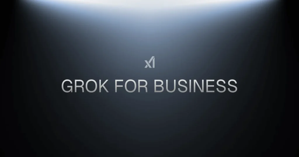 Dark gradient background with the text “Grok 4 for Business” centered below a minimalist logo.