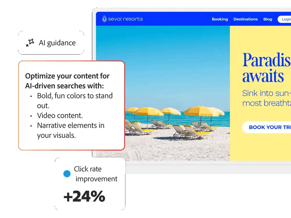 Screenshot showing AI-driven content guidance from LLM Optimizer, recommending enhancements like bold visuals and video to increase click rates.