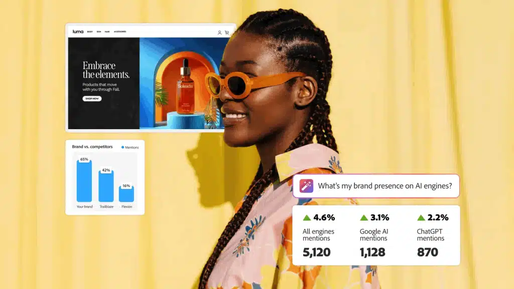 Smiling woman wearing sunglasses beside brand analytics dashboard featuring LLM Optimizer insights into AI engine mentions.