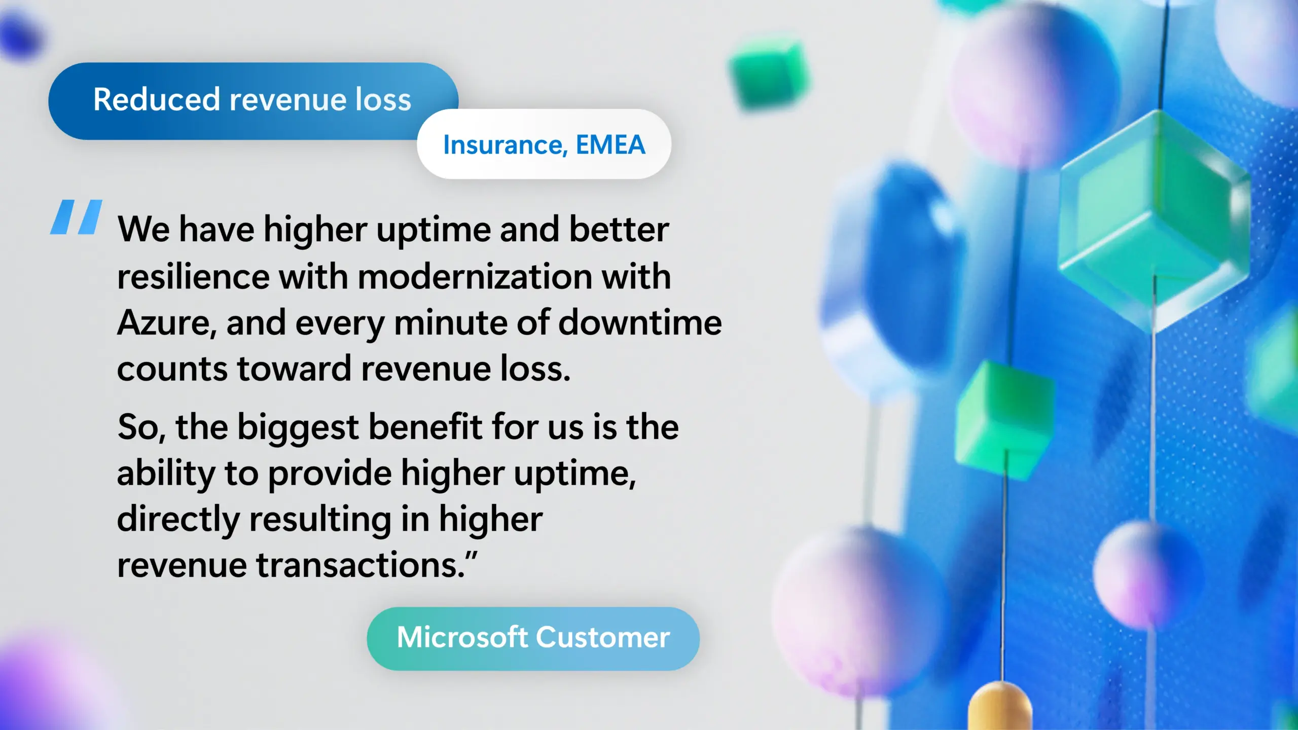 Text reads "We have higher uptime and better resilience with modernization with Azure, and every minute of downtime counts toward revenue loss. So, the biggest benefit for us is the ability to provide higher uptime, directly resulting in higher revenue transactions. Microsoft customer."