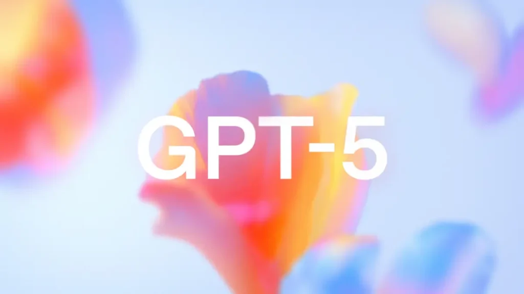 Colorful abstract flower background with bold white text reading GPT-5.