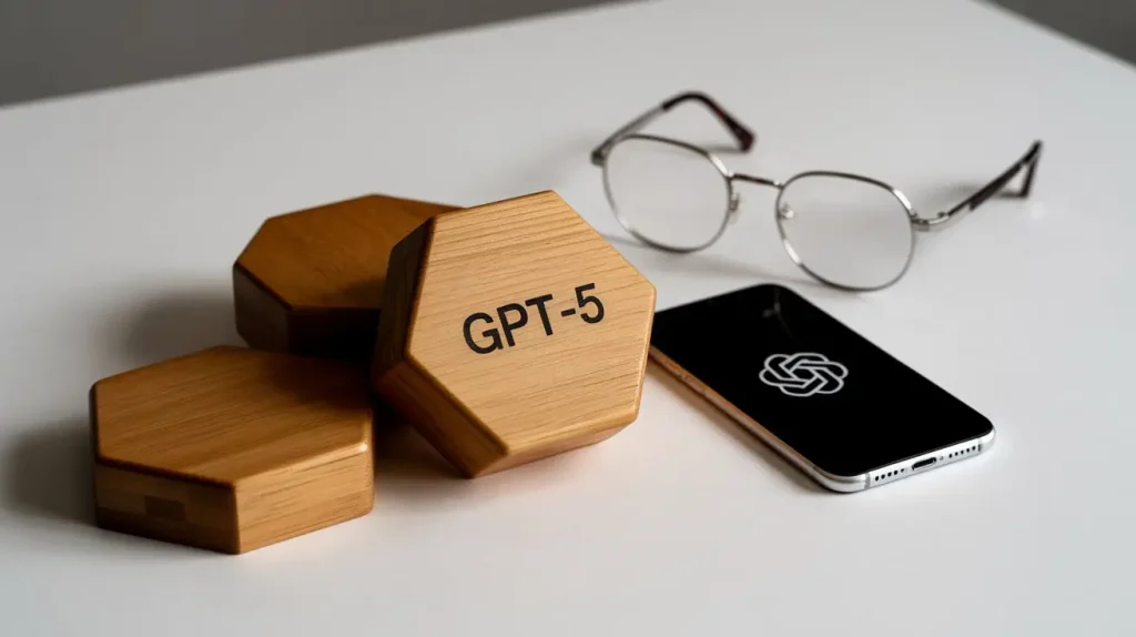 Wooden hexagons labeled GPT-5 placed beside eyeglasses and a smartphone displaying the OpenAI logo.