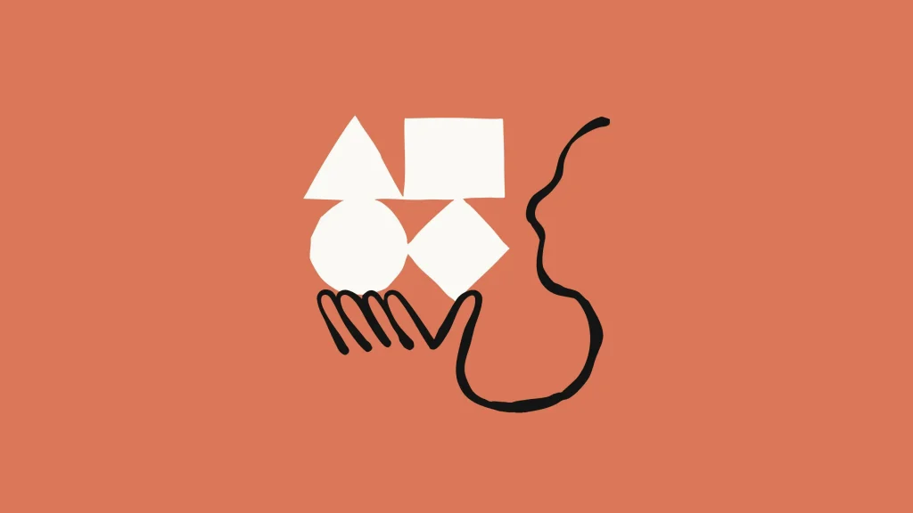 Opus 4 abstract illustration of a hand balancing a triangle, square, circle, and diamond beside a human profile outline